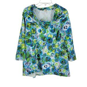 Cotton Lani Abstract Tunic Top L Blue Green Boho Artsy Pockets Cowl Lagenlook